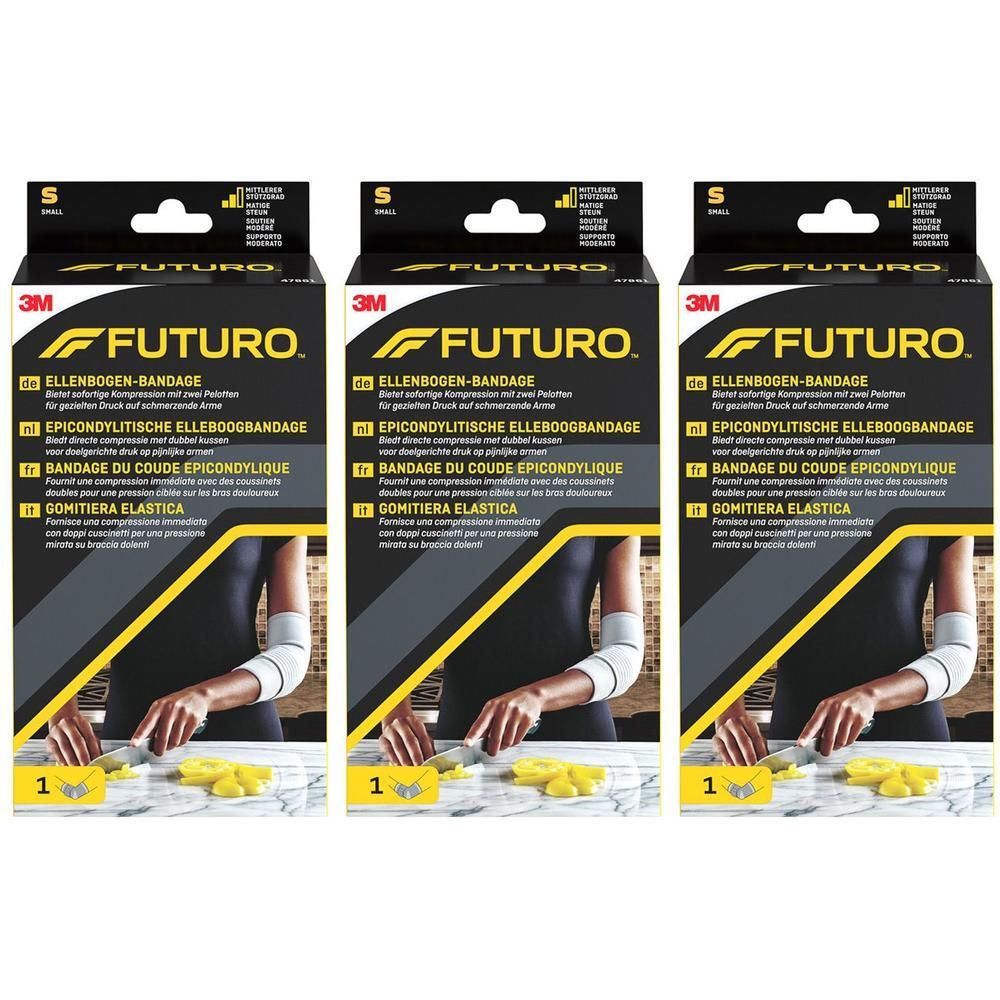 Drie dozen FUTURO Elleboogbandage, maat S. Gele en zwarte verpakking met productafbeelding.