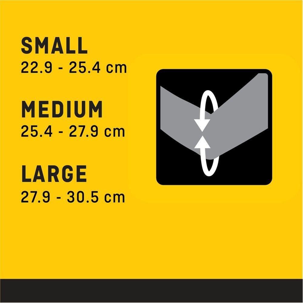 Tableau des tailles pour bandages FUTURO : S (22.9-25.4 cm), M (25.4-27.9 cm), L (27.9-30.5 cm).