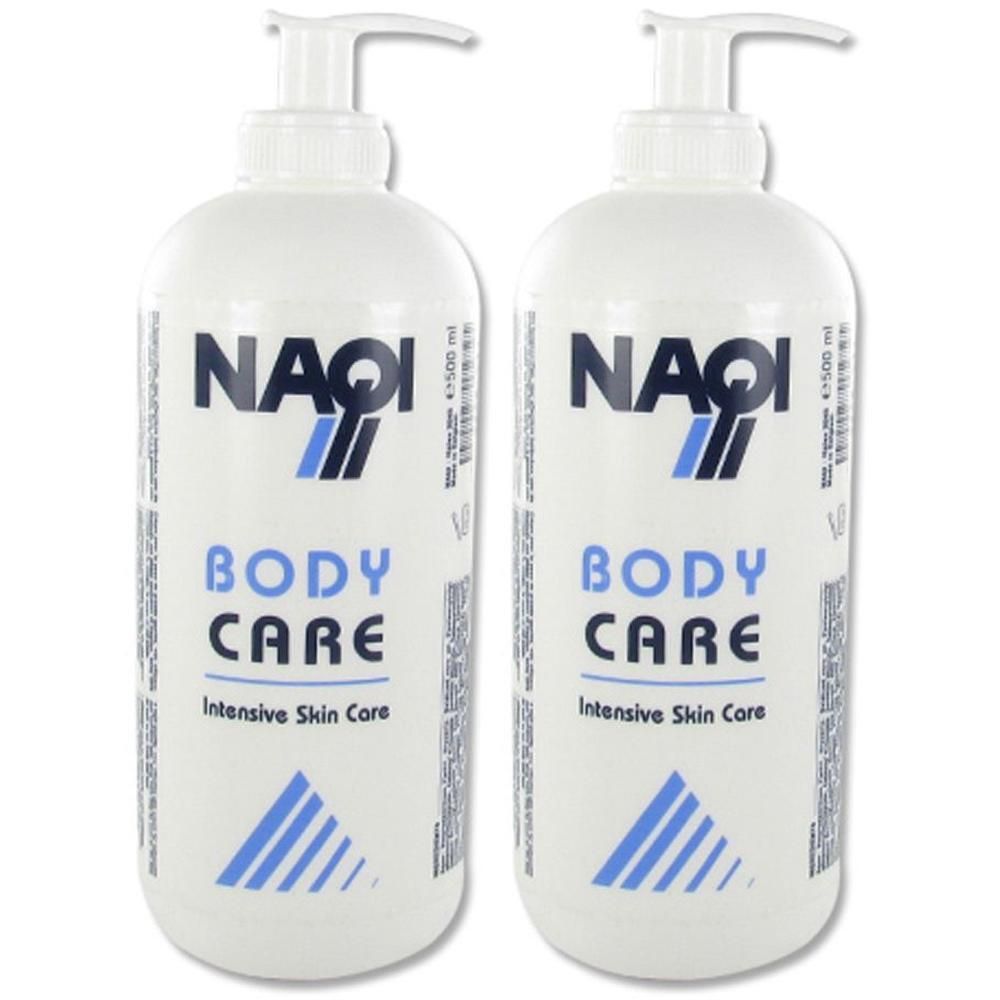 Deux flacons pompe blancs avec NAQI Body Care Intensive Skin Care.