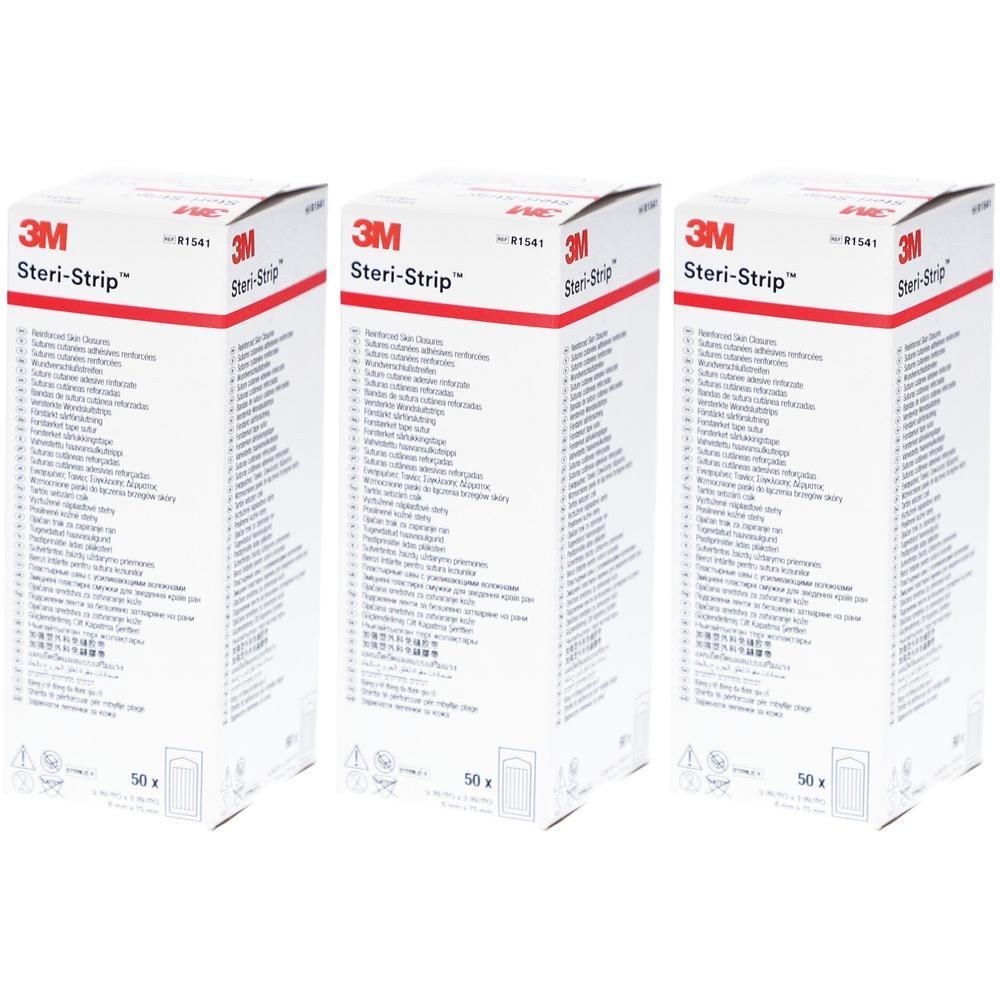 Drie pakken 3M Steri-Strip wondstrips, elk pak bevat 50 stuks.