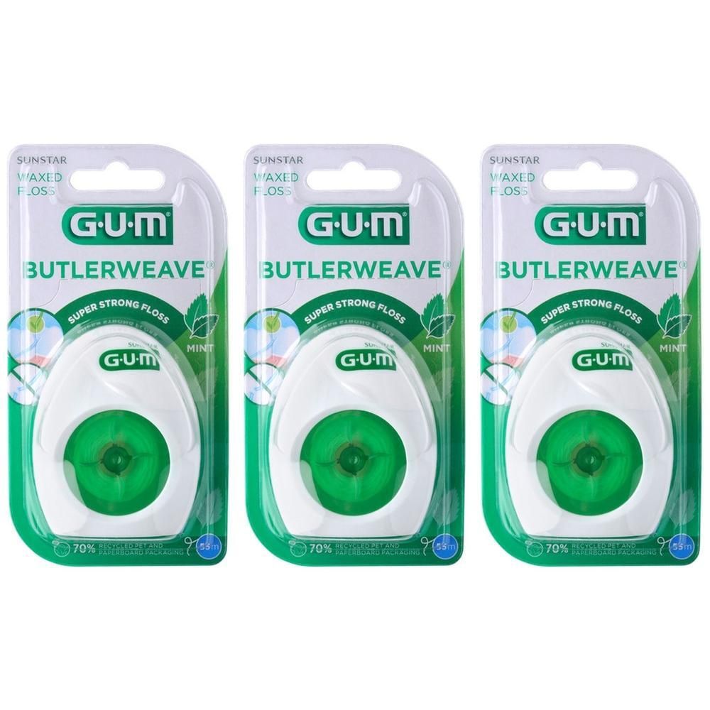 Trois paquets de fil dentaire ciré GUM ButlerWeave, Super Strong Floss, saveur menthe.