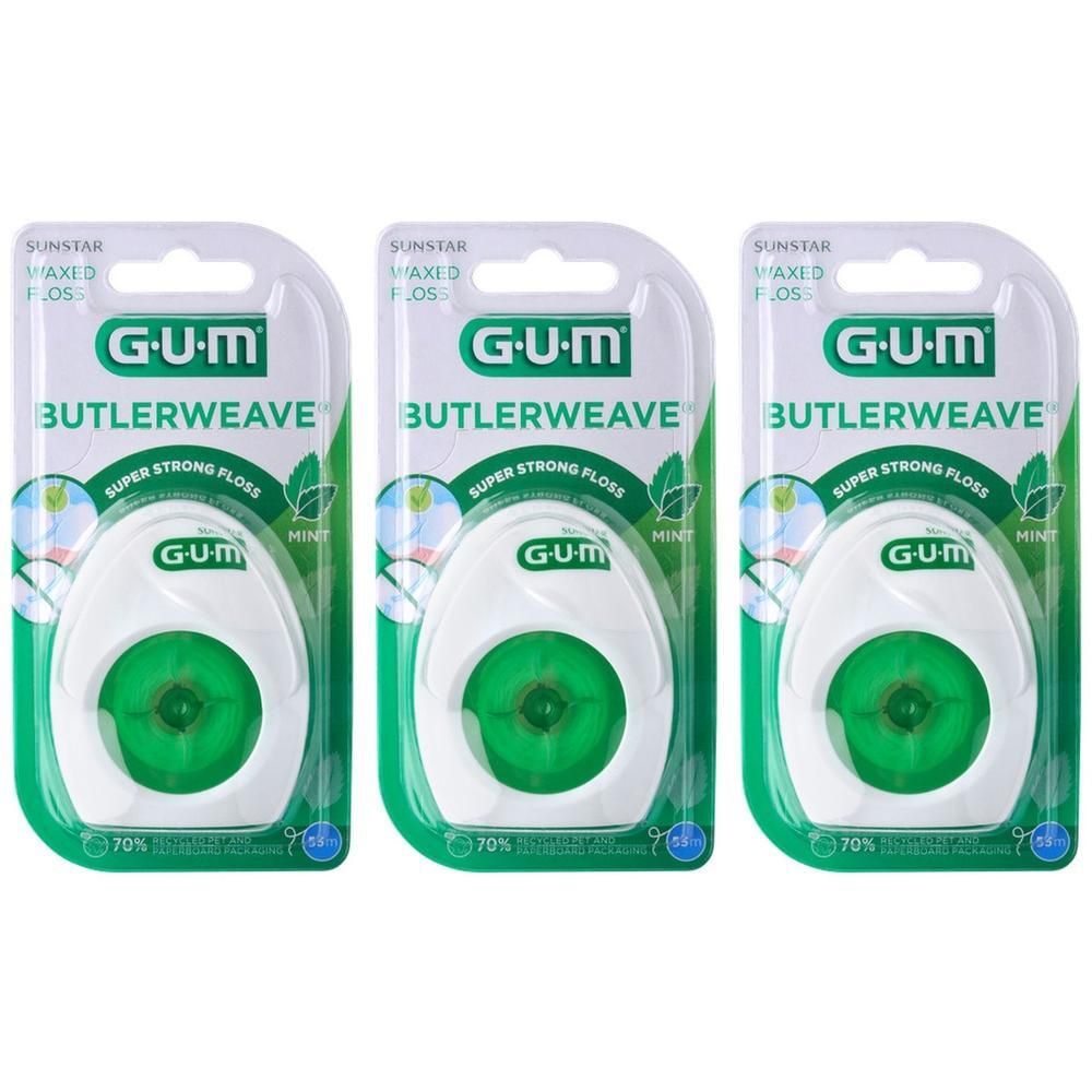 Drie pakken GUM ButlerWeave gewaxt flosdraad, Super Strong Floss, mintsmaak.