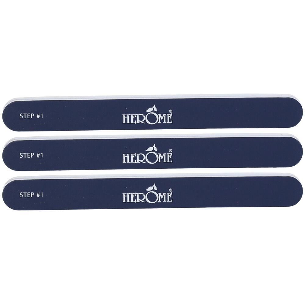 Drie donkerblauwe nagelvijlen met het Herôme logo en "STEP #1" opschrift.