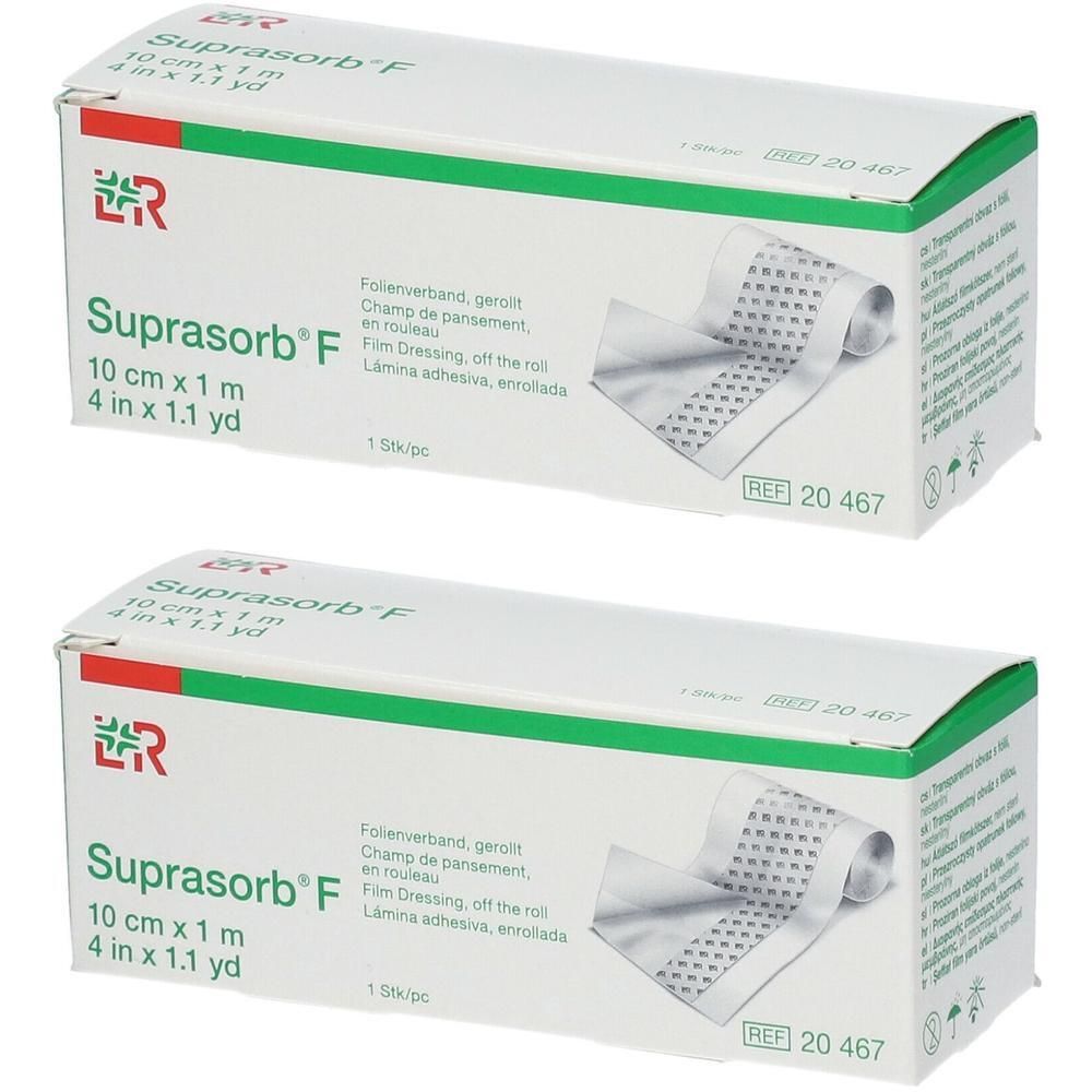 Twee verpakkingen Suprasorb F folie verband, 10 cm x 1 m, met zichtbare perforatie.