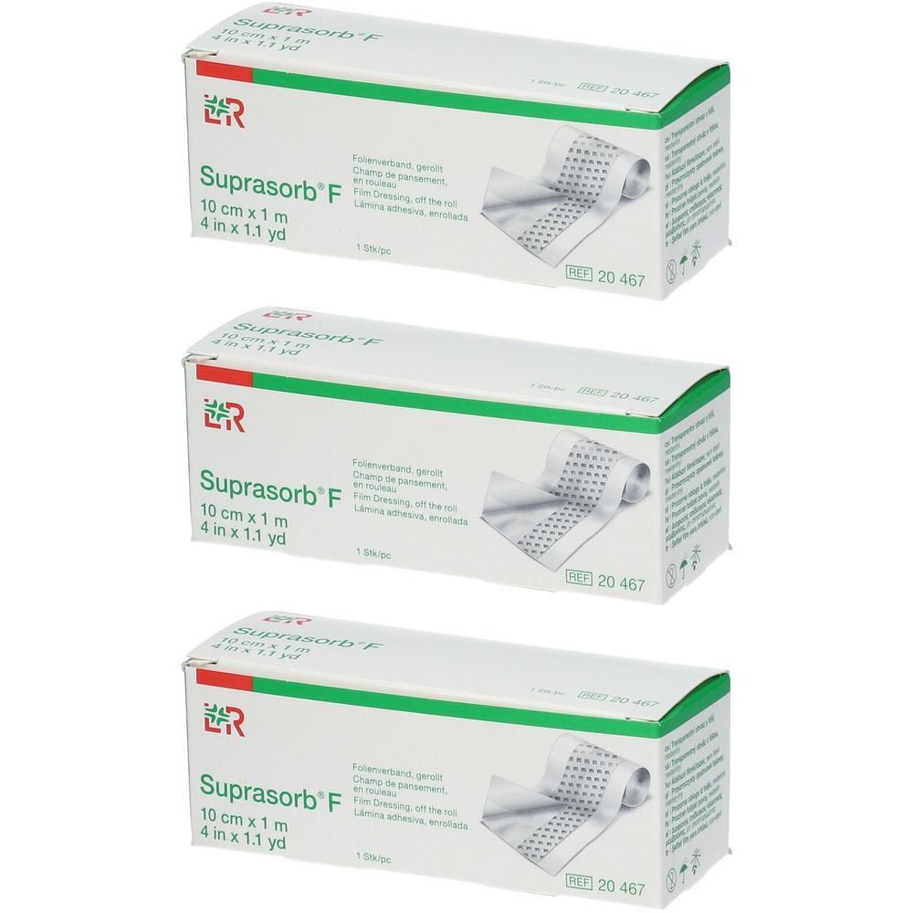 Trois paquets de pansement Suprasorb F, 10 cm x 1 m.