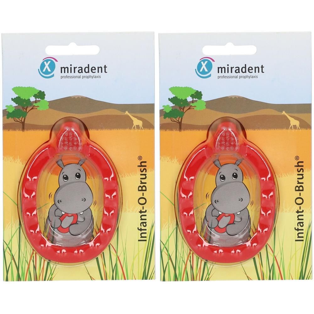 Deux brosses à dents Miradent Infant-O-Brush avec motif hippopotame dans un cadre rouge, emballées pour la vente au détail.