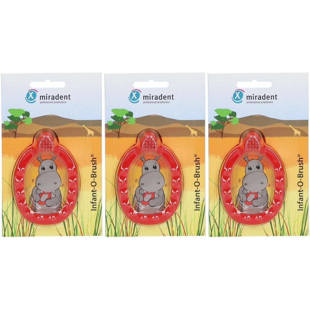 Drie rode Miradent Infant-O-Brush babytandenborstels met nijlpaardmotief op savanneachtergrond.