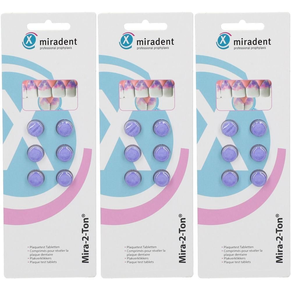 Drie pakken Miradent Mira-2-Ton Plaque Tabletten, elk met 8 tabletten en tand-symbolen.