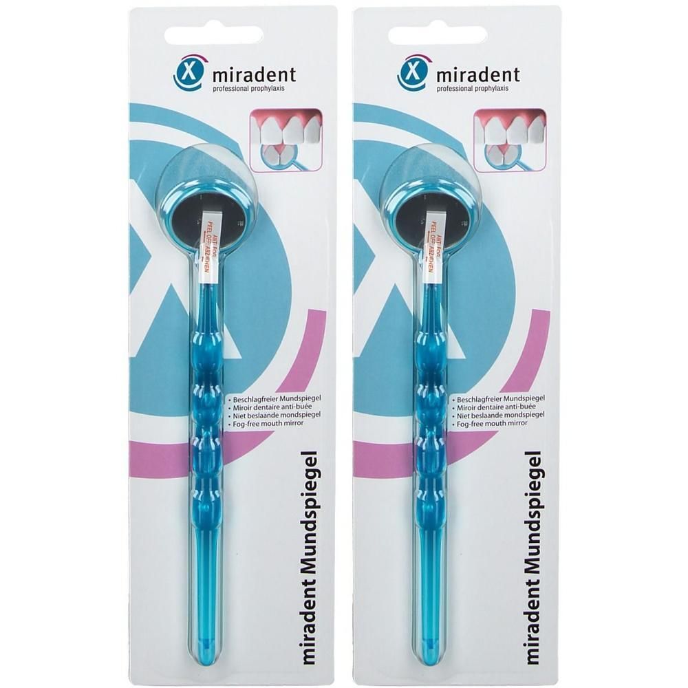 Twee blauwe Miradent mondspiegels met handvat en spiegel. Verpakt in blisterverpakking.