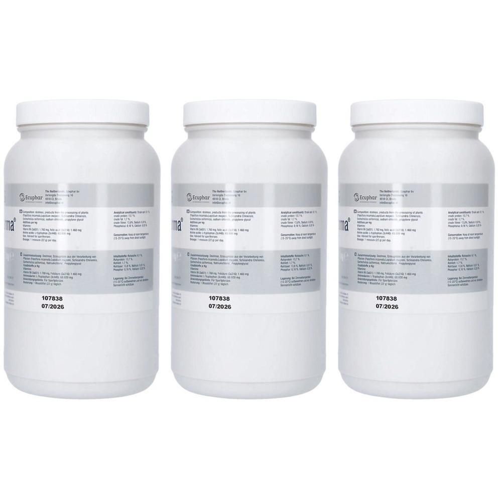 Drie witte containers met witte deksels, etiketten met productinformatie.