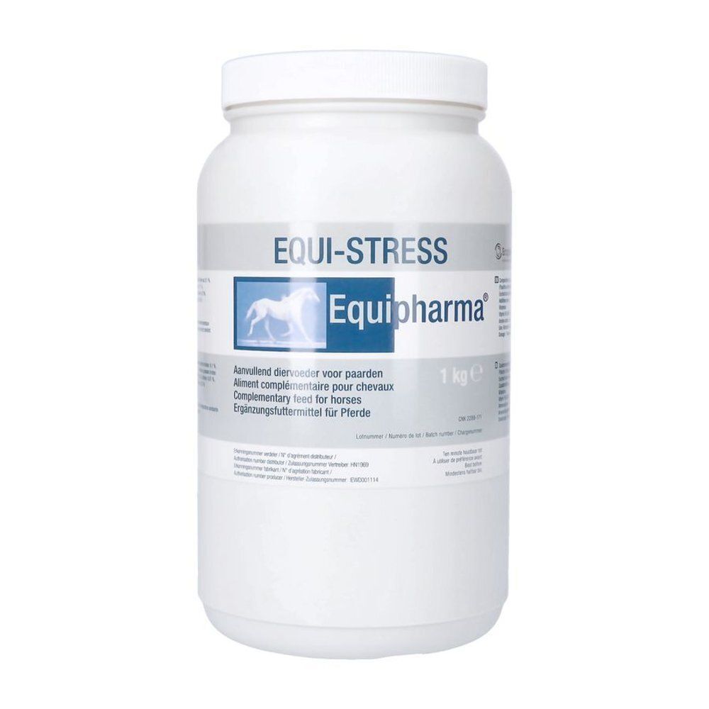 Contenant blanc avec couvercle blanc, étiquette avec 'EQUI-STRESS Equipharm' et '1 kg'.