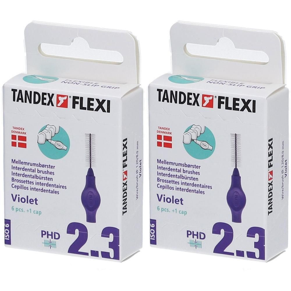 Twee pakken Tandex Flexi Interdentale borstels, Violet, maat 2.3, 6 stuks + 1 dop per pak.