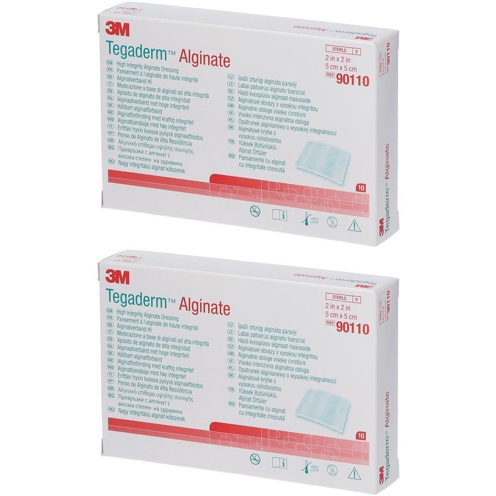 Twee pakken 3M Tegaderm Alginate kompressen, 5cmx5cm. Witte kartonnen verpakking met productinformatie.