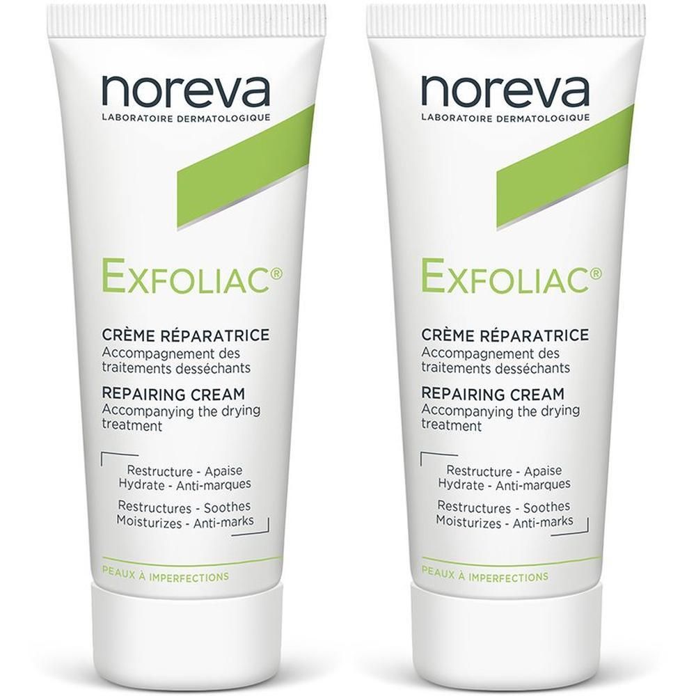 Twee tubes Noreva Exfoliac Herstellende Crème. Tekst: "Accompagnement des traitements desséchants".