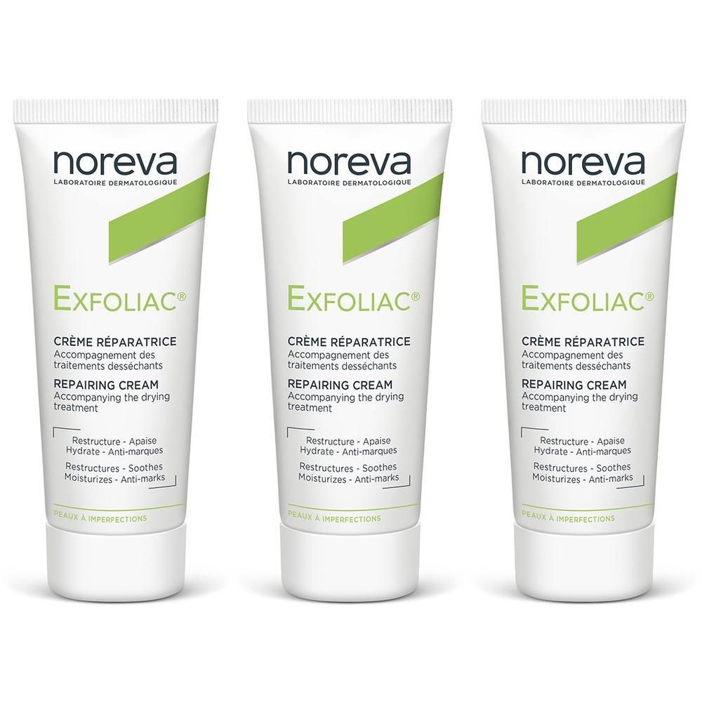 Trois tubes de Crème Réparatrice Noreva Exfoliac avec accents verts et texte sur l'étiquette.
