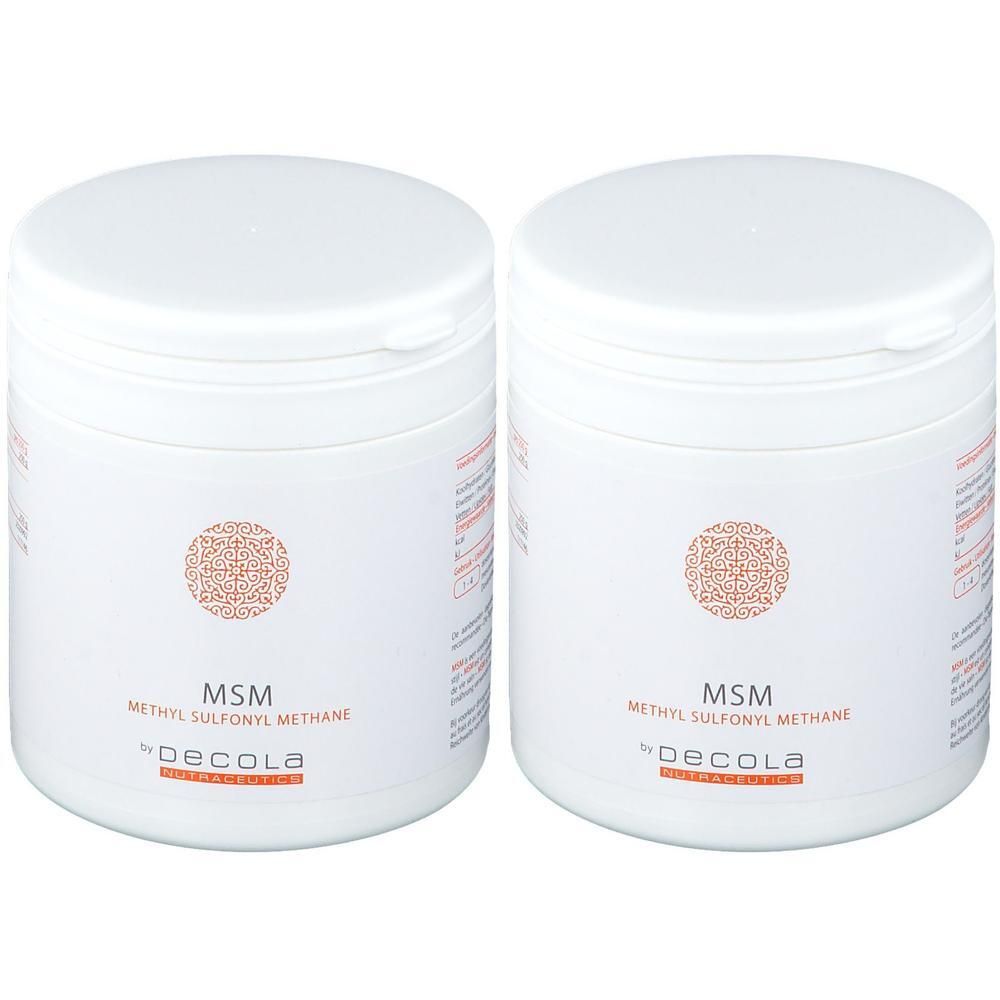 Twee witte potten met MSM (Methylsulfonylmethaan) van Decola.