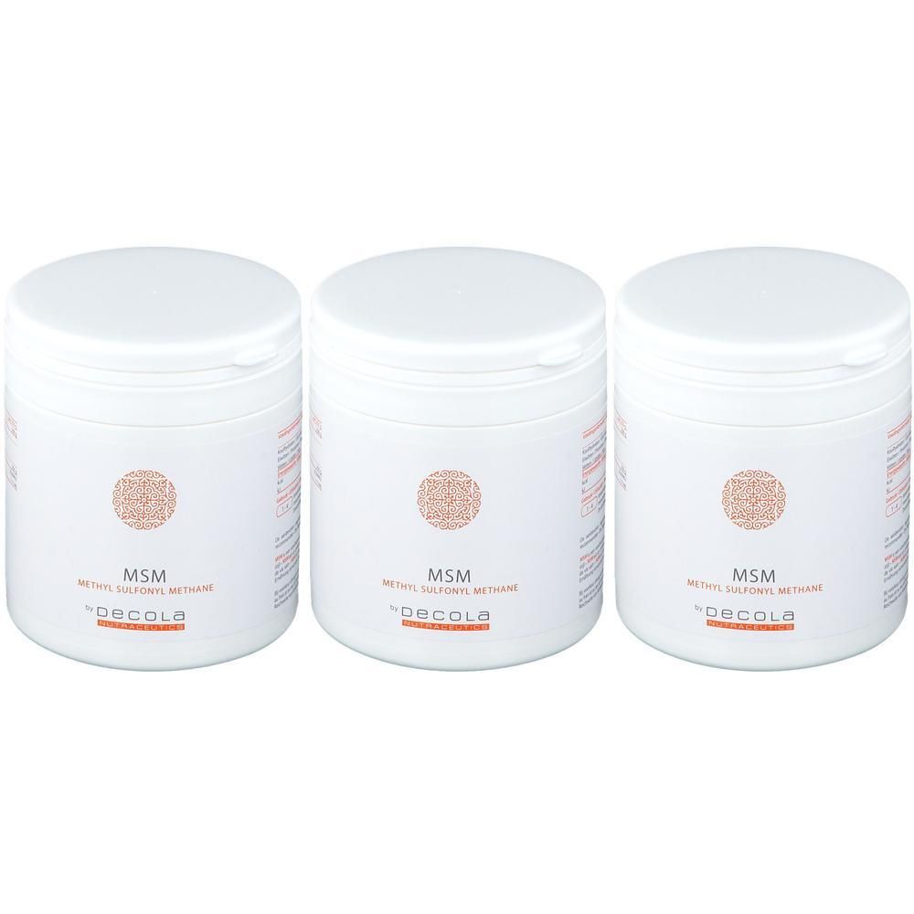 Drie witte potten met MSM (Methylsulfonylmethaan) van Decola.
