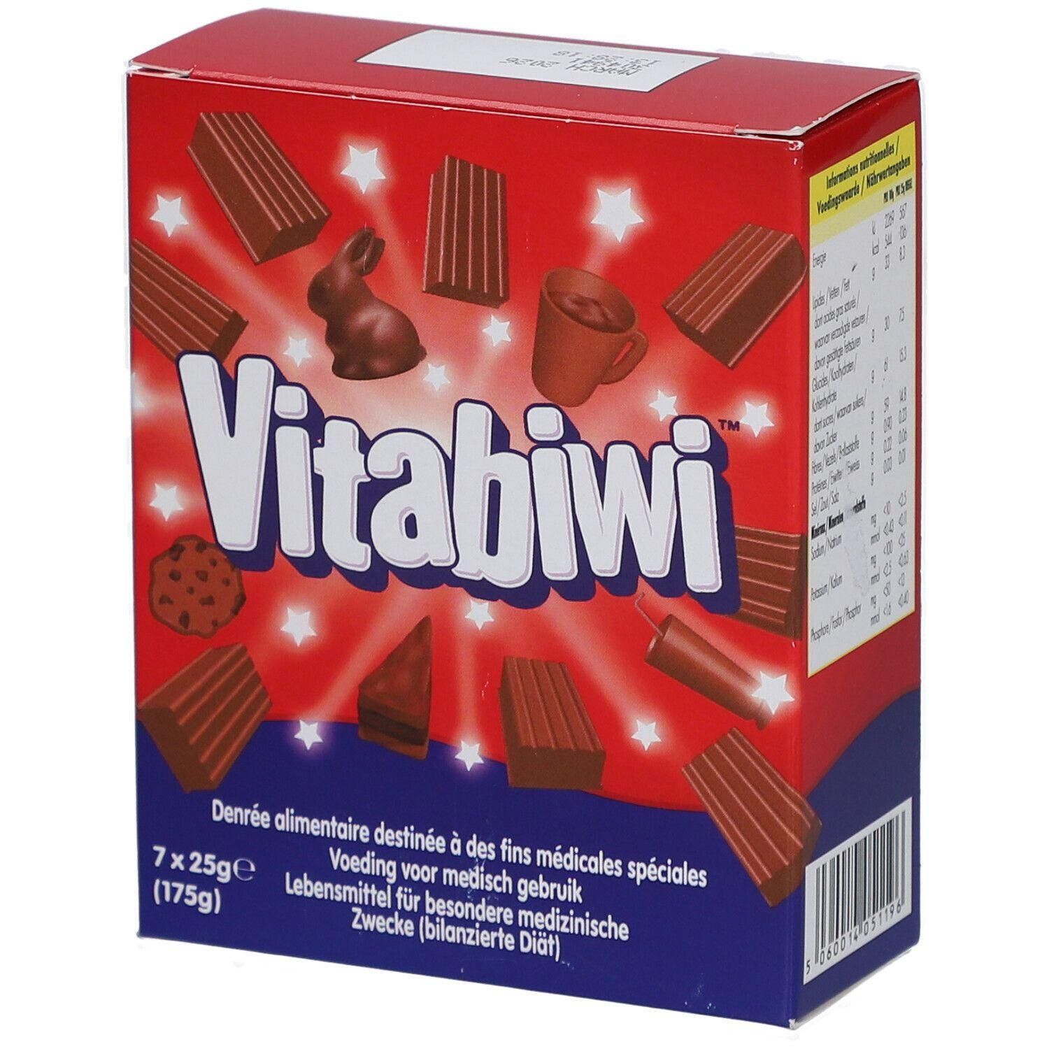 Boîte Vitabiwi avec étoiles et illustrations de chocolat, dont un lapin et une tasse.