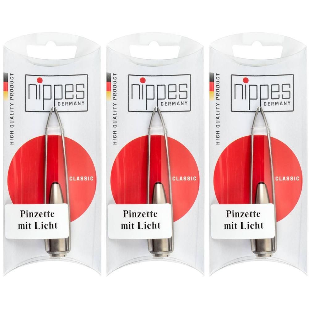 Drie Nippes pincetten met licht in individuele verpakking. Zilvergrijze metalen punten en rode handvatten.