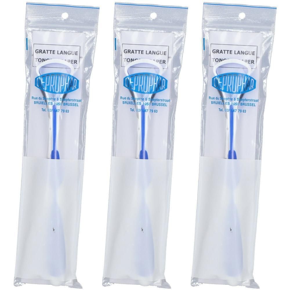 Drie Deprophar tongschrapers individueel verpakt. Blauwe handvatten, witte schrapers.
