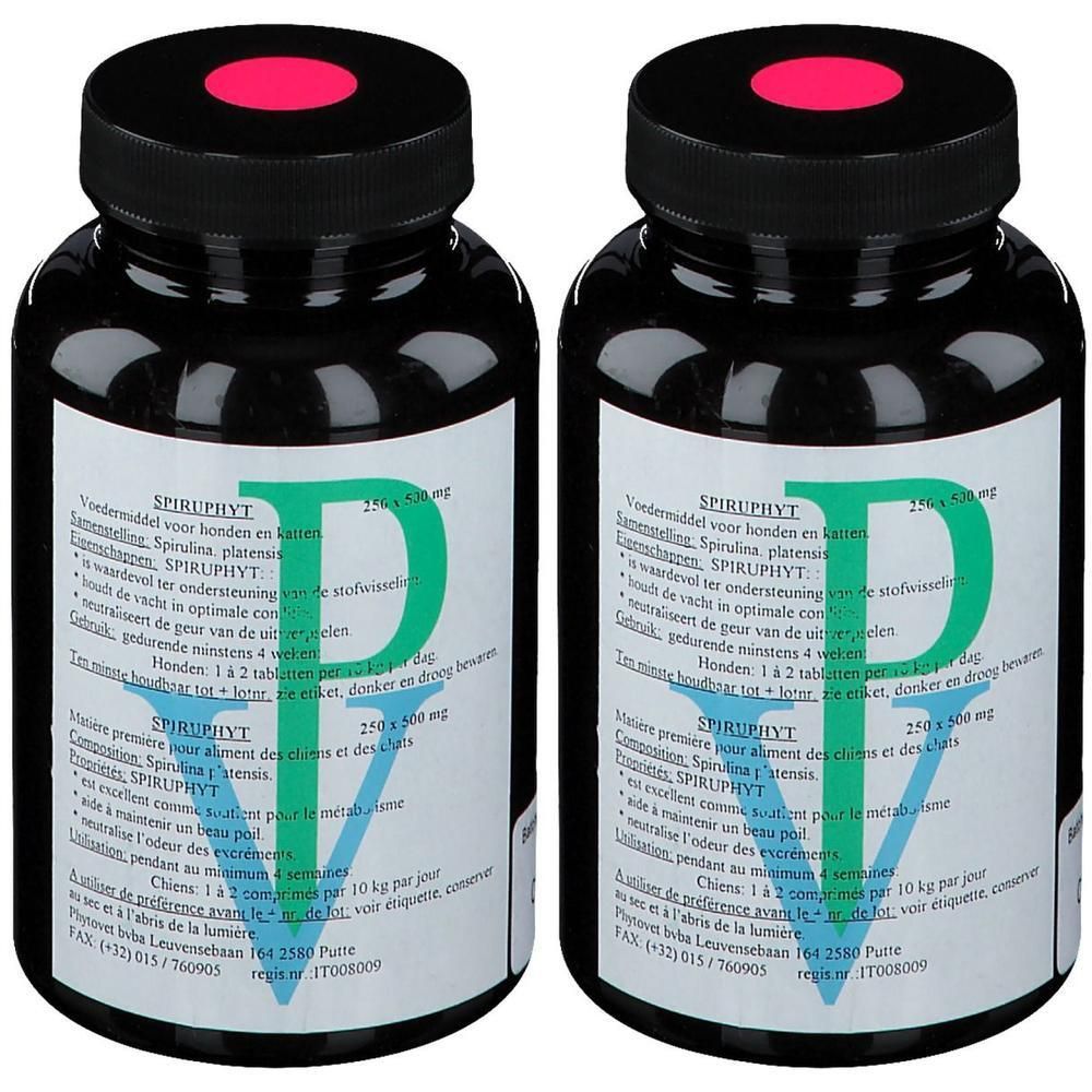 Deux flacons noirs contenant des comprimés Spiruphyt 250 mg. Bouchon rouge avec un point rouge.