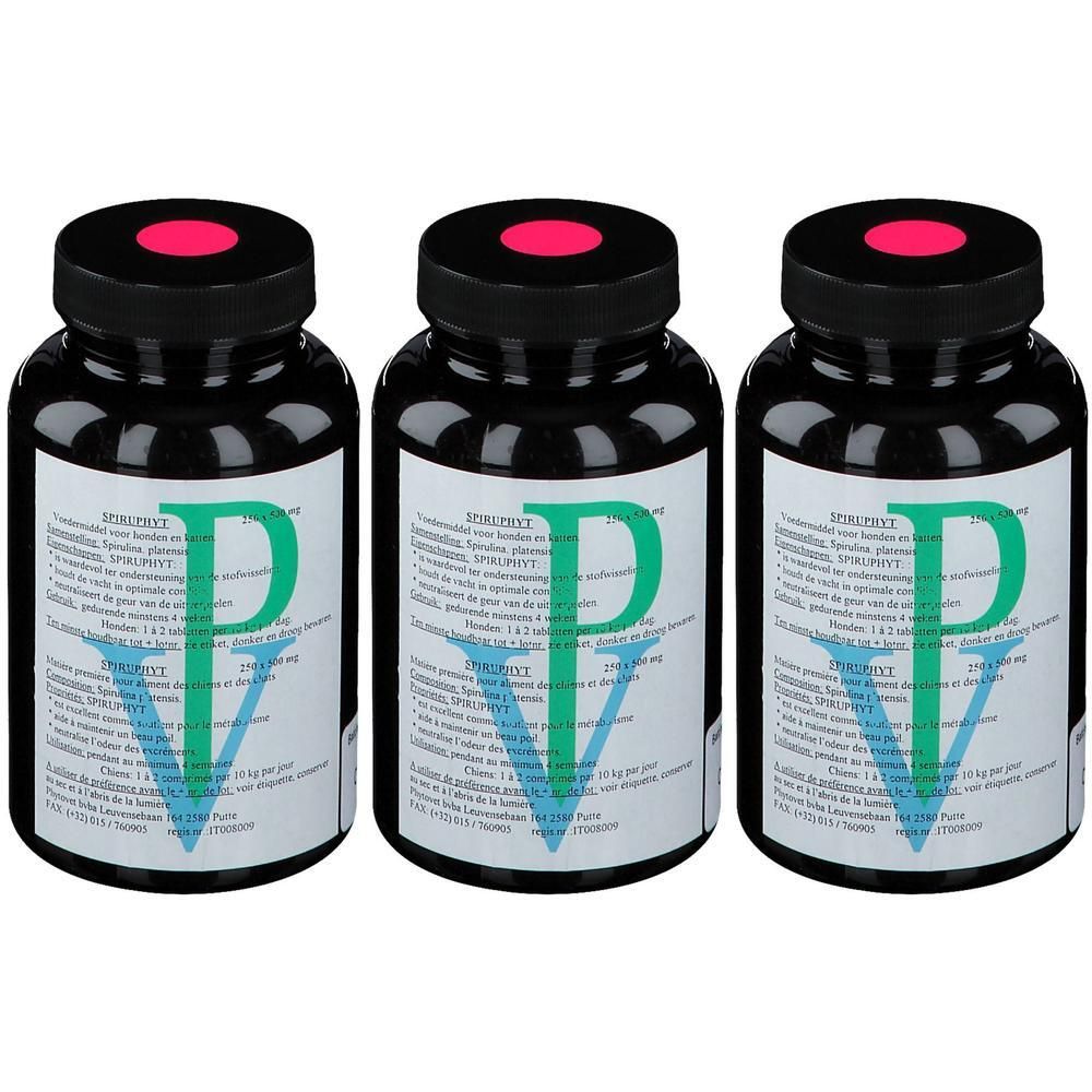 Drie zwarte potjes met Spiruphyt 500 mg tabletten. Elk potje heeft een zwart deksel met een rode cirkel.
