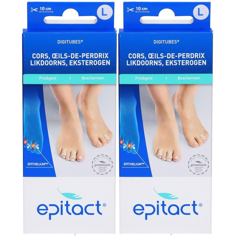 Deux paquets Epitact Digitubes Cors, œils-de-perdrix, taille L. Montre des pieds avec protections sur les orteils.