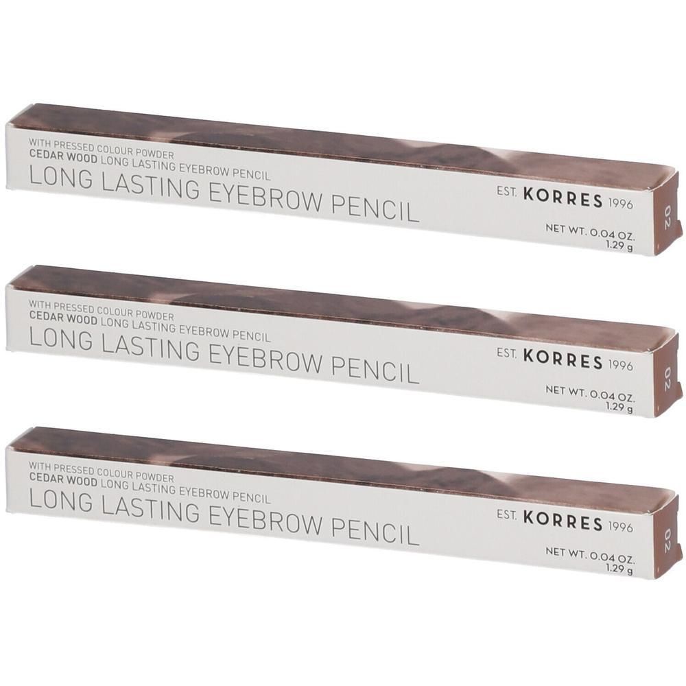 Trois crayons à sourcils Korres en boîtes, "Long Lasting Eyebrow Pencil".