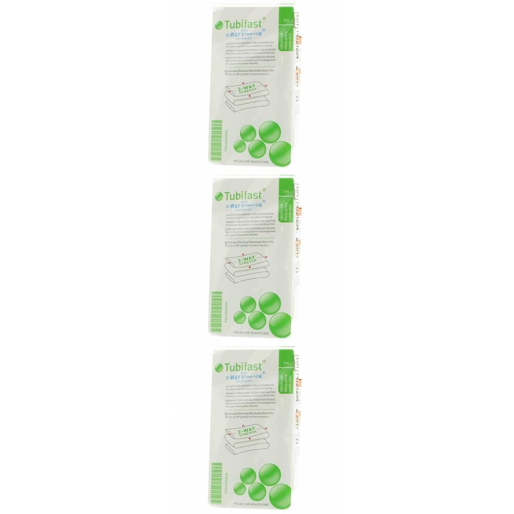 Trois paquets de bandages Tubifast verts, 5 cm x 1 m.