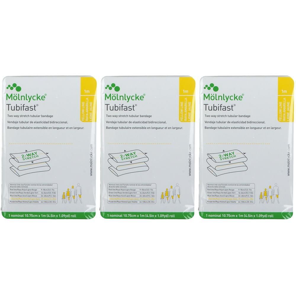 Trois paquets de bandage tubulaire élastique Mölnlycke Tubifast, 10,75 cm x 1 m.