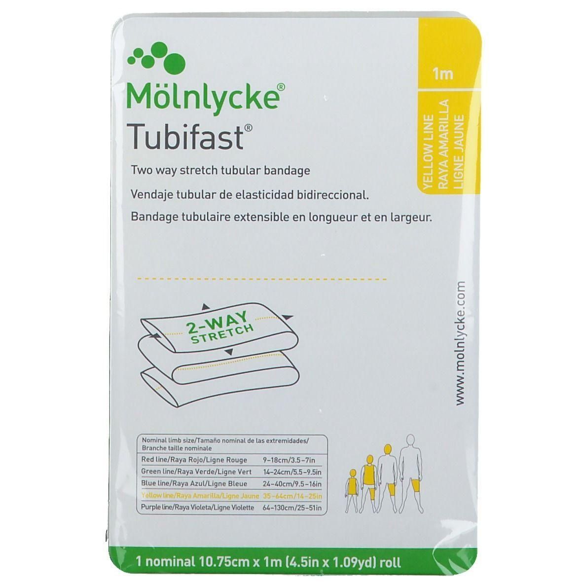 Mölnlycke Tubifast bandage, gele lijn, 10,75 cm x 1 m, 2-weg stretch.