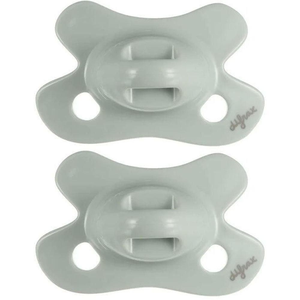 Deux sucettes Difrax Dental pour nouveau-né, gris clair, avec le nom de marque 'difrax' sur le bouclier.