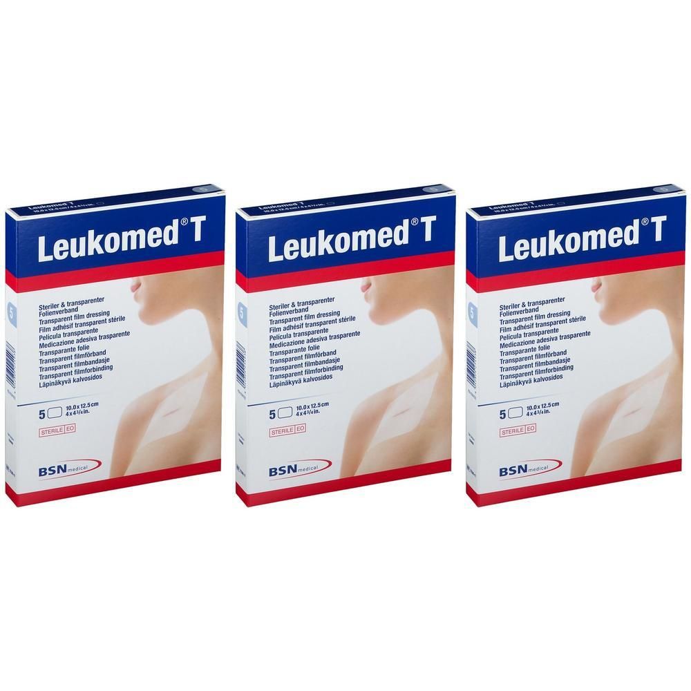 Drie pakken Leukomed T steriele, transparante verbanden. Elk pak bevat 5 stuks.
