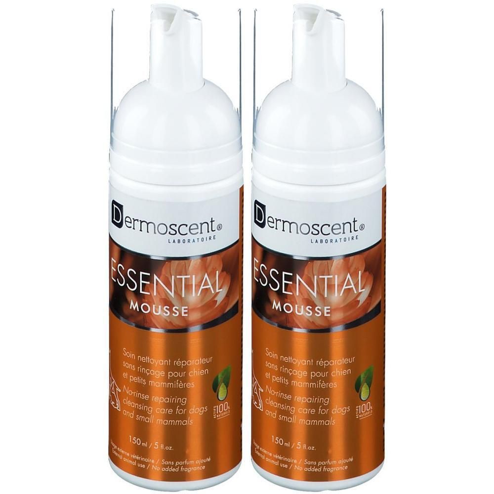 Twee flacons Dermoscent Essential Mousse, herstellende reinigingsmousse voor honden en kleine zoogdieren.