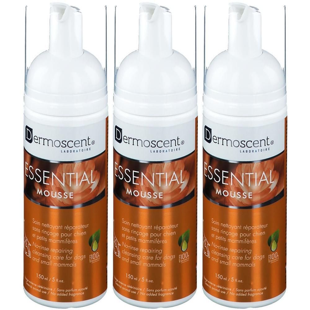 Trois flacons de Dermoscent Essential Mousse, soin nettoyant réparateur sans rinçage pour chiens et petits mammifères.