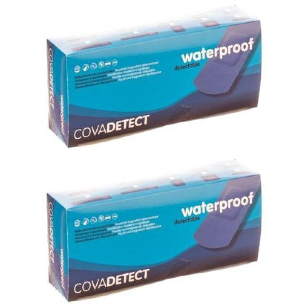 Deux boîtes de pansements détectables imperméables COVADETECT. Emballage bleu avec informations produit.