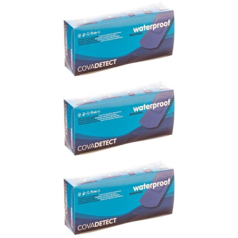 Drie pakken Cova Detect, waterdicht, met blauwe inlegvellen.