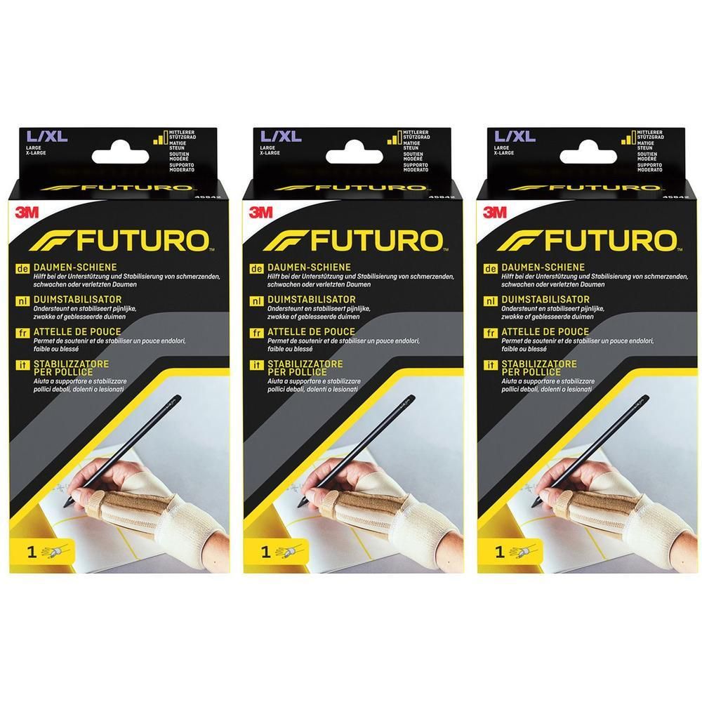 Drie FUTURO duimbraces beige, L/XL, in verpakking.