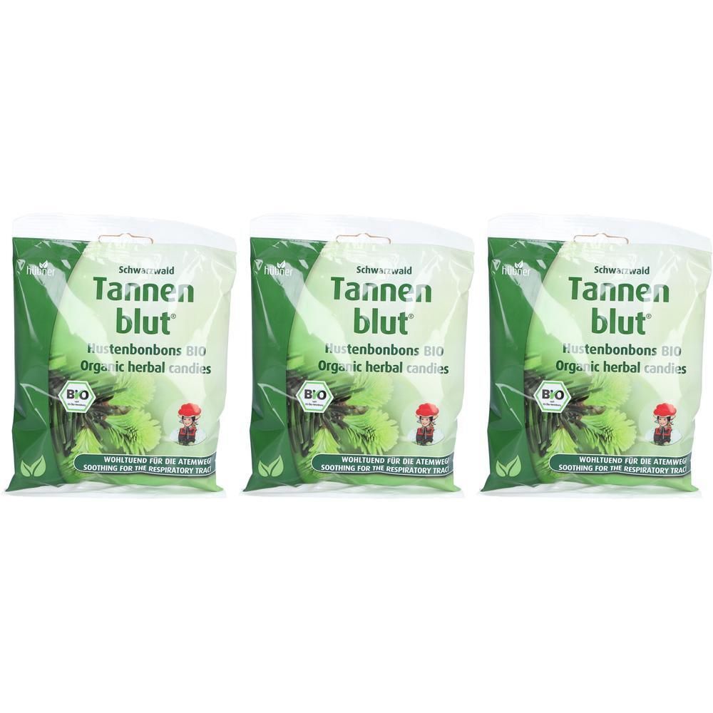 Drie pakken "Tannenblut" kruidenbonbons, biologisch gecertificeerd.