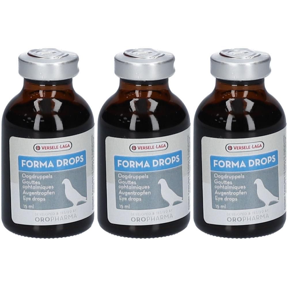 Drie 15ml bruine glazen flesjes met zilveren dopjes, "Forma Drops" oogdruppels.