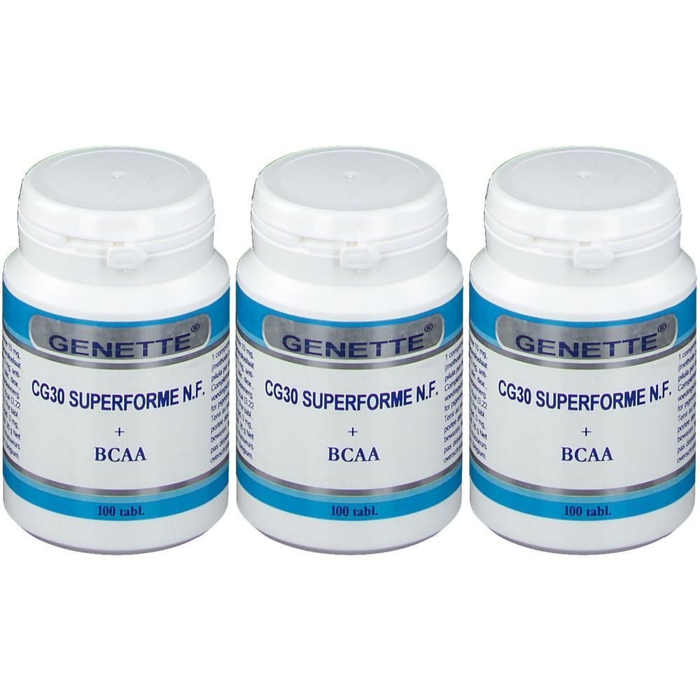 Drie witte potjes met Genette CG30 Superforme N.F. + BCAA etiketten, elk 100 tabletten.