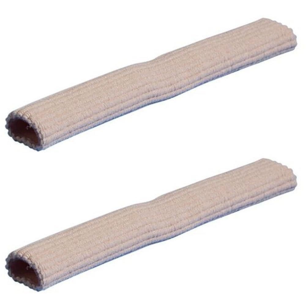 Twee buisvormige teenbeschermers van beige stof.