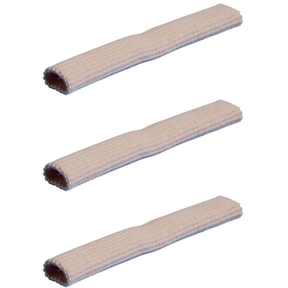 Drie buisvormige teenbeschermers van beige stof.