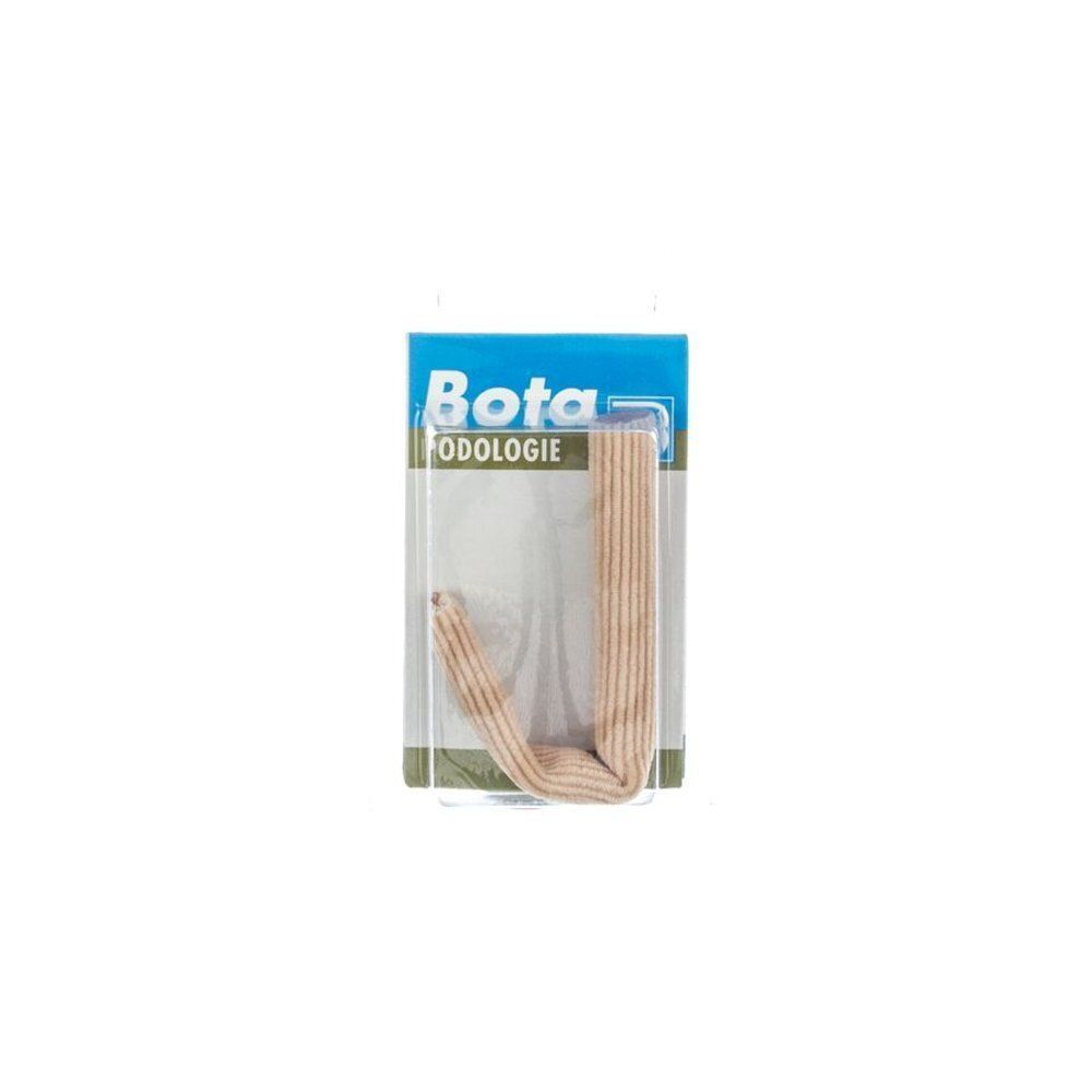 Een buisvormige teenbeschermer van beige stof in blisterverpakking.