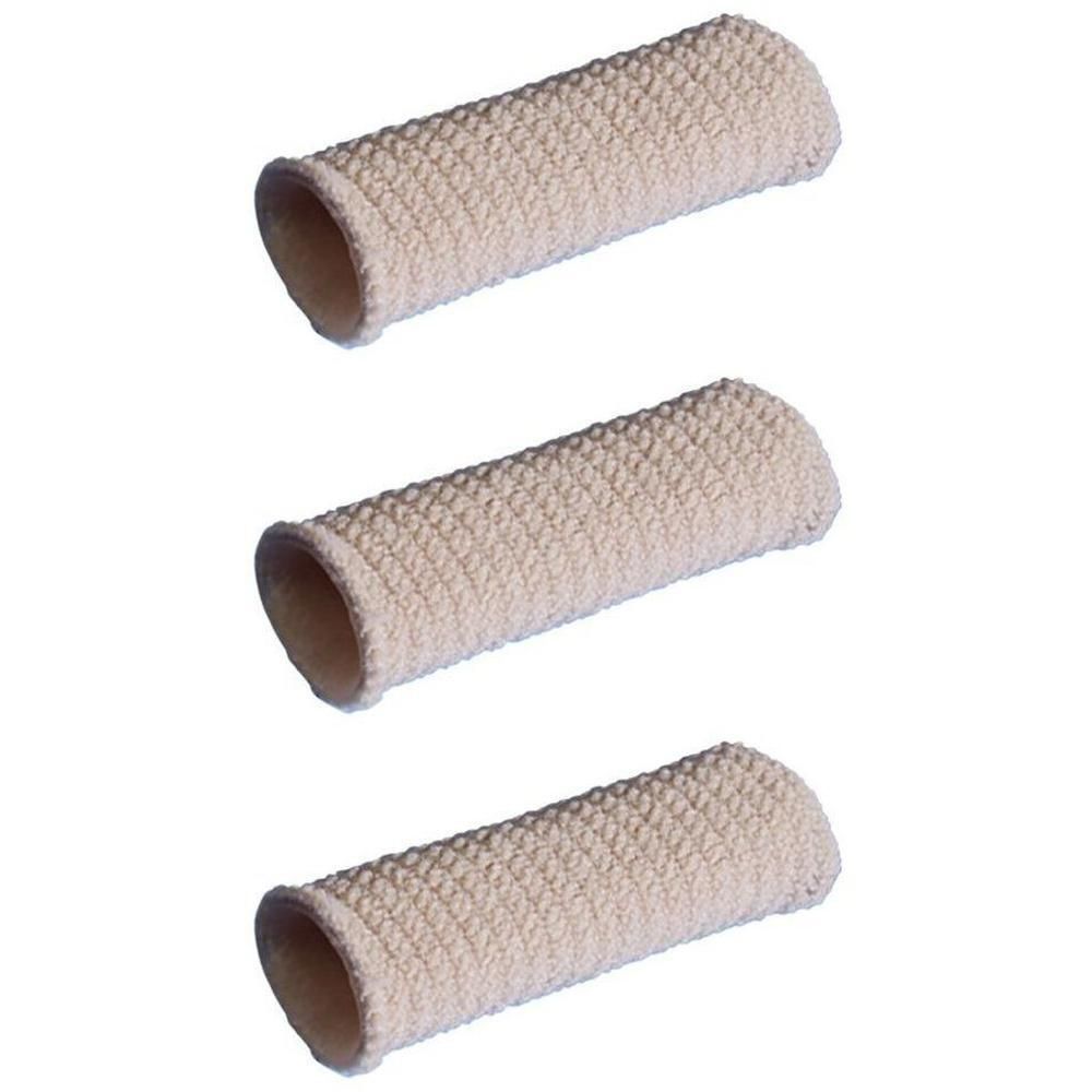 Drie beige stoffen vingerbeschermers, open uiteinden.