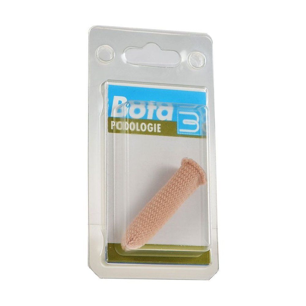 Een beige teenbeschermer van stof in een blisterverpakking met 'Bota Podologie'.