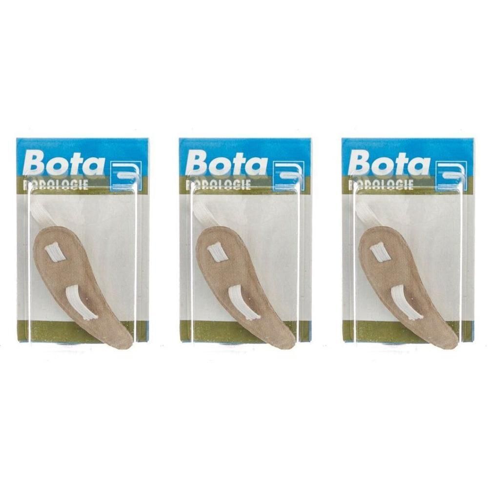 Trois coussinets d'orteil Bota en emballage individuel, beige, avec boucle.