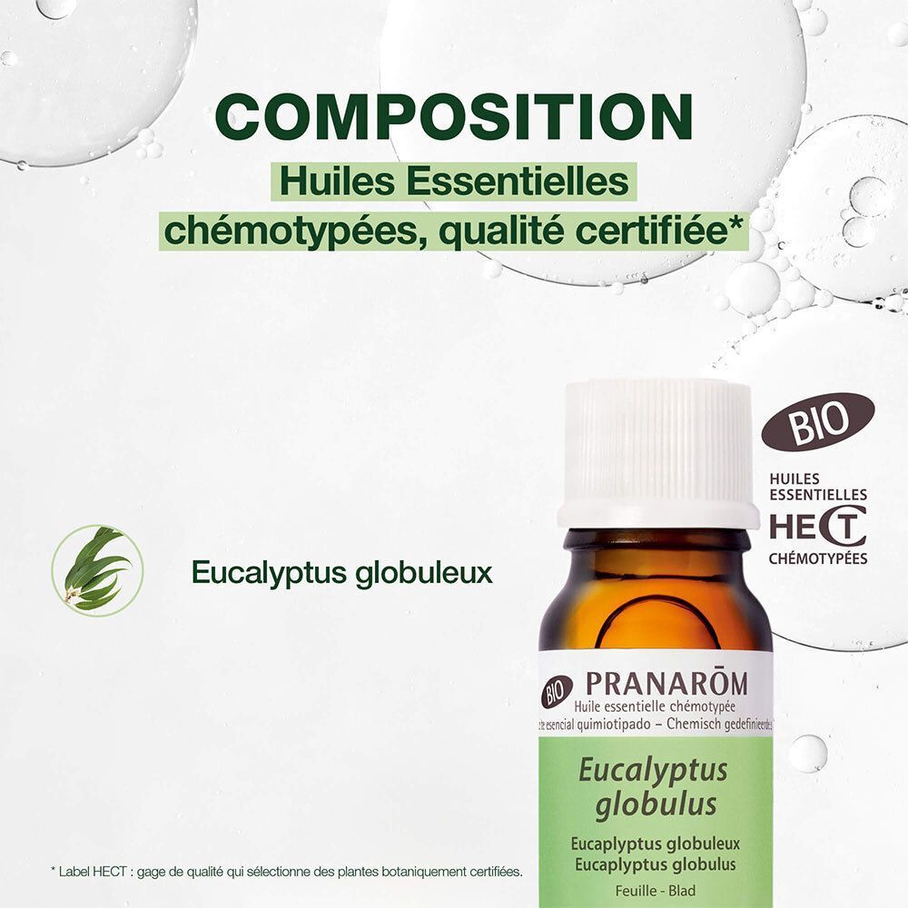 Flacon d'huile essentielle Bio Eucalyptus Globuleux Pranarôm, certifié HECT.