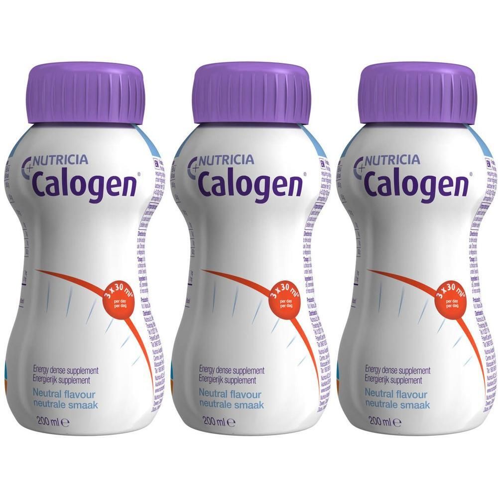 Trois bouteilles Nutricia Calogen à bouchon violet. Supplément nutritionnel concentré en énergie, saveur neutre.