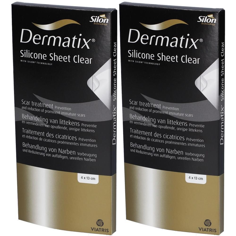 Deux paquets de feuille de silicone Dermatix Clear, 4x13 cm, pour le traitement des cicatrices.